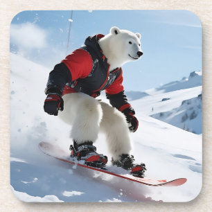 Surreal Polar Bear Snowboarding in Red Ski Jacket  Coaster
