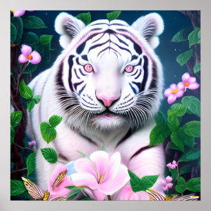 Surreal Pop White Tiger with Pink Flowers Poster