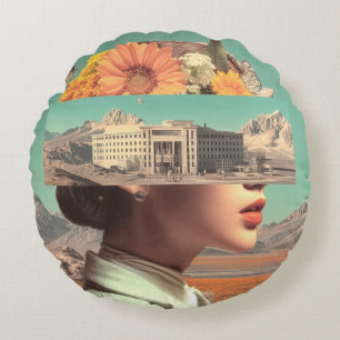 Surreal Portrait with Architectural Landscape Round Pillow