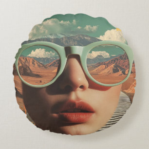 Surreal Portrait With Glasses Reflecting Desert Round Pillow
