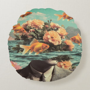 Surreal Portrait With Goldfish Flowers And Ocean Round Pillow