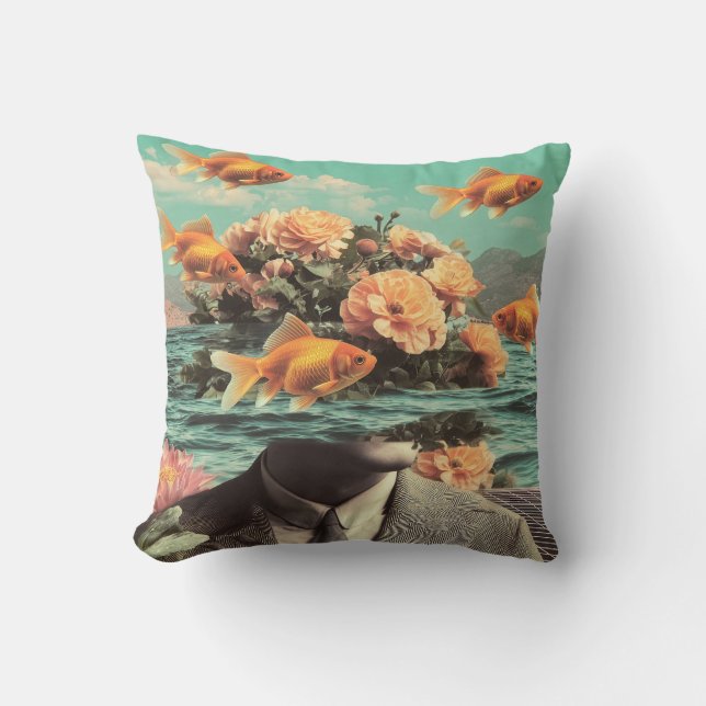 Surreal Portrait With Goldfish Flowers And Ocean Throw Pillow (Front)