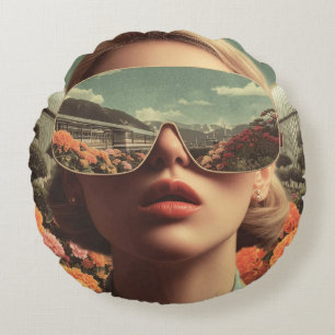 Surreal Portrait With Sunglasses Reflecting Flower Round Pillow