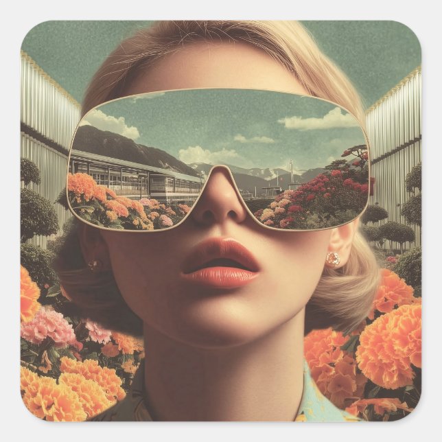 Surreal Portrait With Sunglasses Reflecting Flower Square Sticker (Front)