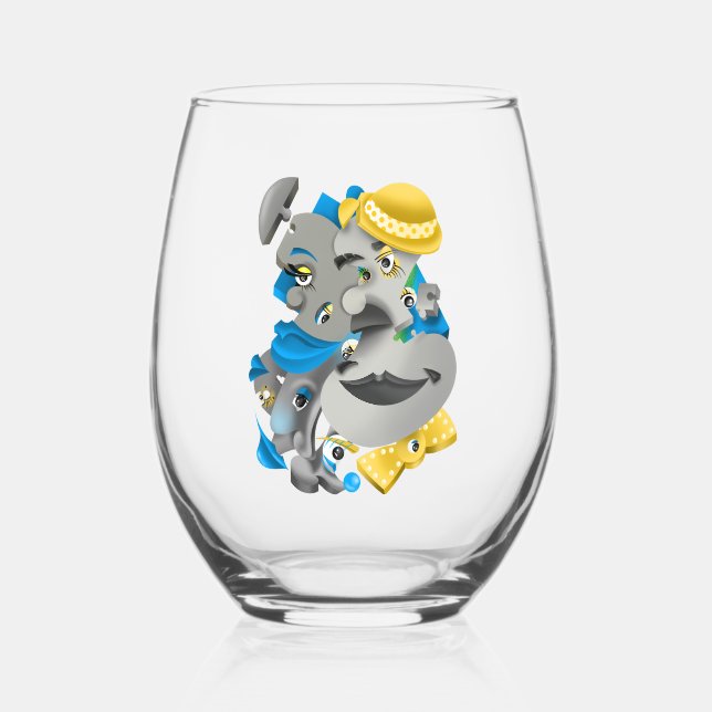 Surreal Puzzle Faces Stemless Wine Glass (Front)