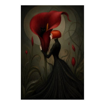 Surreal Red Calla Lily Woman Black Cat Gothic