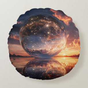 Surreal Reflective Sphere Containing Stars Round Pillow