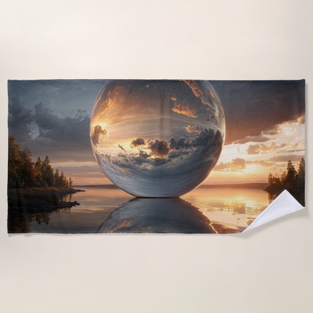 Surreal Reflective Sphere With Sunset Clouds Over  Beach Towel (Front)