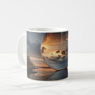 Surreal Reflective Sphere With Sunset Clouds Over Coffee Mug