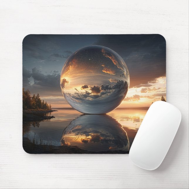 Surreal Reflective Sphere With Sunset Clouds Over  Mouse Pad (With Mouse)