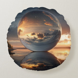 Surreal Reflective Sphere With Sunset Clouds Over  Round Pillow
