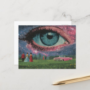 Surreal Retro People and Car with an Eye in Sky Postcard