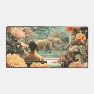 Surreal Safari Scene With Elephants Zebras Desk Mat