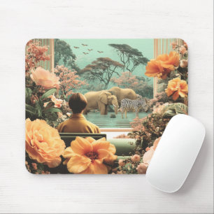 Surreal Safari Scene With Elephants Zebras Mouse Pad