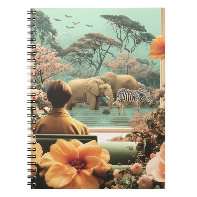 Surreal Safari Scene With Elephants Zebras Notebook (Front)