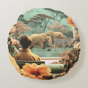 Surreal Safari Scene With Elephants Zebras Round Pillow