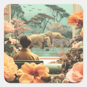 Surreal Safari Scene With Elephants Zebras Square Sticker