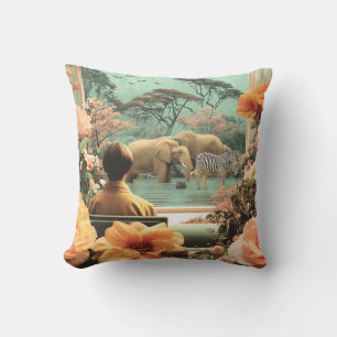 Surreal Safari Scene With Elephants Zebras Throw Pillow