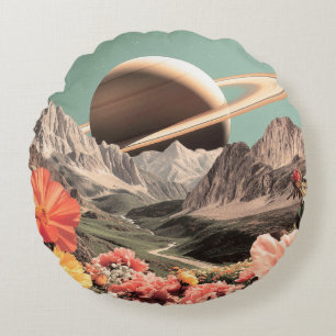 Surreal Saturn Over Mountain Valley Round Pillow