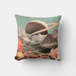 Surreal Saturn Over Mountain Valley Throw Pillow
