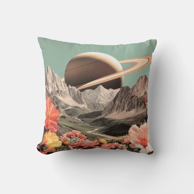 Surreal Saturn Over Mountain Valley Throw Pillow (Front)