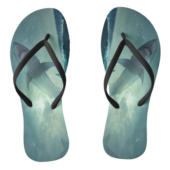 Surreal Shark Leap in Ocean Flip Flops (Footbed)