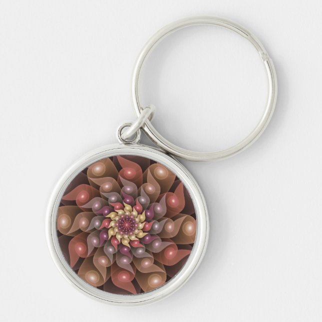 Surreal Shiny Flower Modern Abstract Fractal Art Keychain (Front)