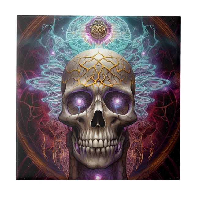 Surreal Skull Colourful Visionary Art Tile (Front)