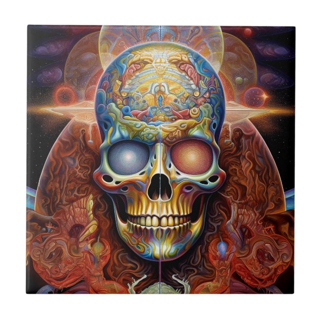 Surreal Skull Colourful Visionary Art Tile (Front)