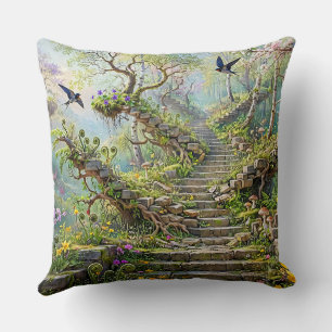 Surreal Springtime Stairway Swallows Wildflowers Throw Pillow