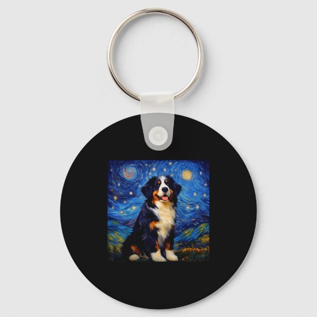Surreal Starry Night Bernese Mountain Dog  Keychain (Front)