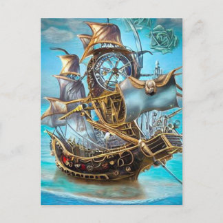 Surreal Steampunk Gold Trim Ship Postcard