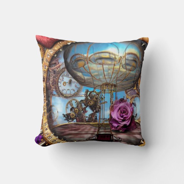 Surreal Steampunk Hot Air Balloon Throw Pillow (Front)