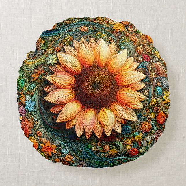 Surreal Sunflower Symphony Round Pillow (Front)