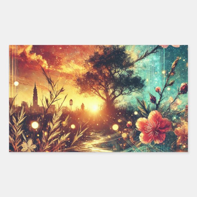 Surreal Sunset and Floral Skyline Artwork Sticker (Front)