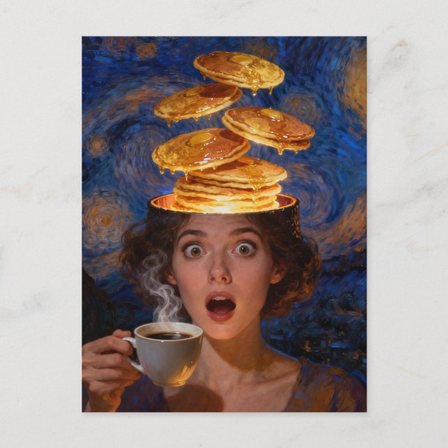 Surreal Surprised Breakfast Pancakes Coffee Woman  Postcard (Front)
