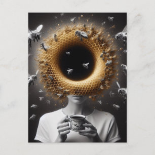 Surreal Tea Time Bees Honeycomb Black Hole Head Postcard