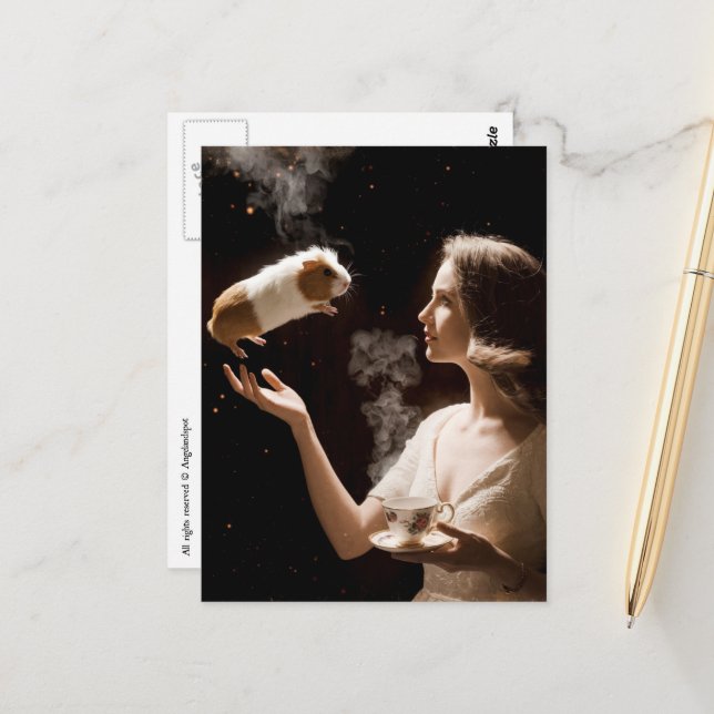 Surreal Tea Time Magical Guinea Pig Postcard (Front/Back In Situ)