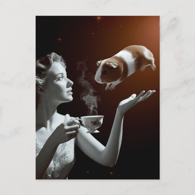 Surreal Tea Time Sepia Guinea Pig Postcard (Front)