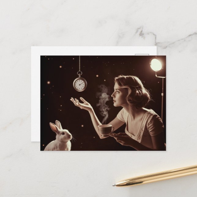 Surreal Tea With the Bunny Postcard (Front/Back In Situ)