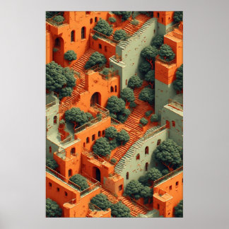 Surreal Terraced Village with Trees and Stairways Poster