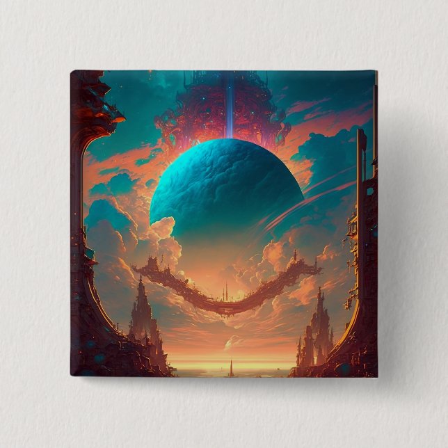 Surreal Towers Planet Visionary Landscape 2 Inch Square Button (Front)