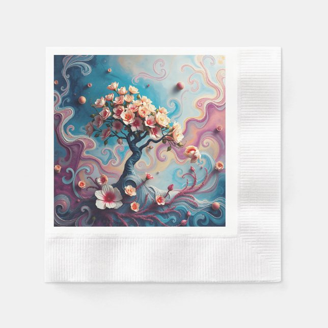 Surreal Tree with Blooming Flowers Napkin (Front)