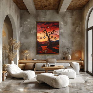 Surreal Tree with Clocks at Sunset – Surrealist Poster