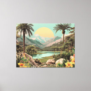 Surreal Tropical Lake With Palm Trees Canvas Print