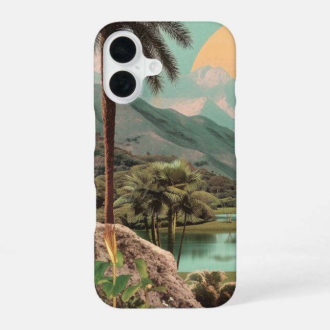 Surreal Tropical Lake With Palm Trees iPhone 16 Case (Back)
