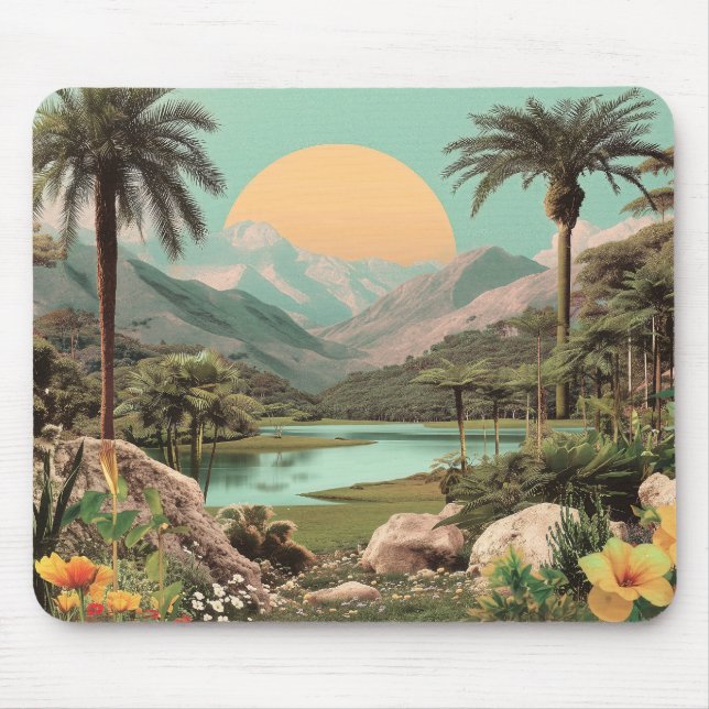 Surreal Tropical Lake With Palm Trees Mouse Pad (Front)