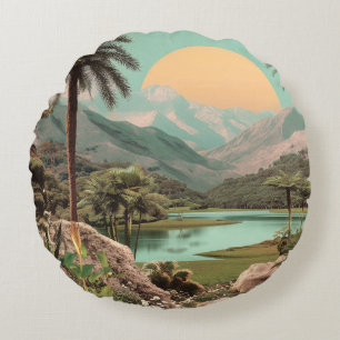 Surreal Tropical Lake With Palm Trees Round Pillow