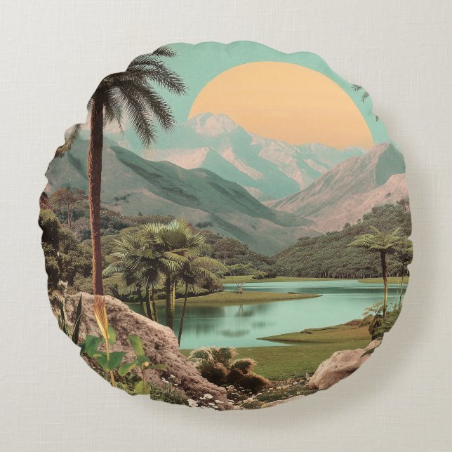 Surreal Tropical Lake With Palm Trees Round Pillow (Front)