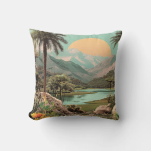 Surreal Tropical Lake With Palm Trees Throw Pillow